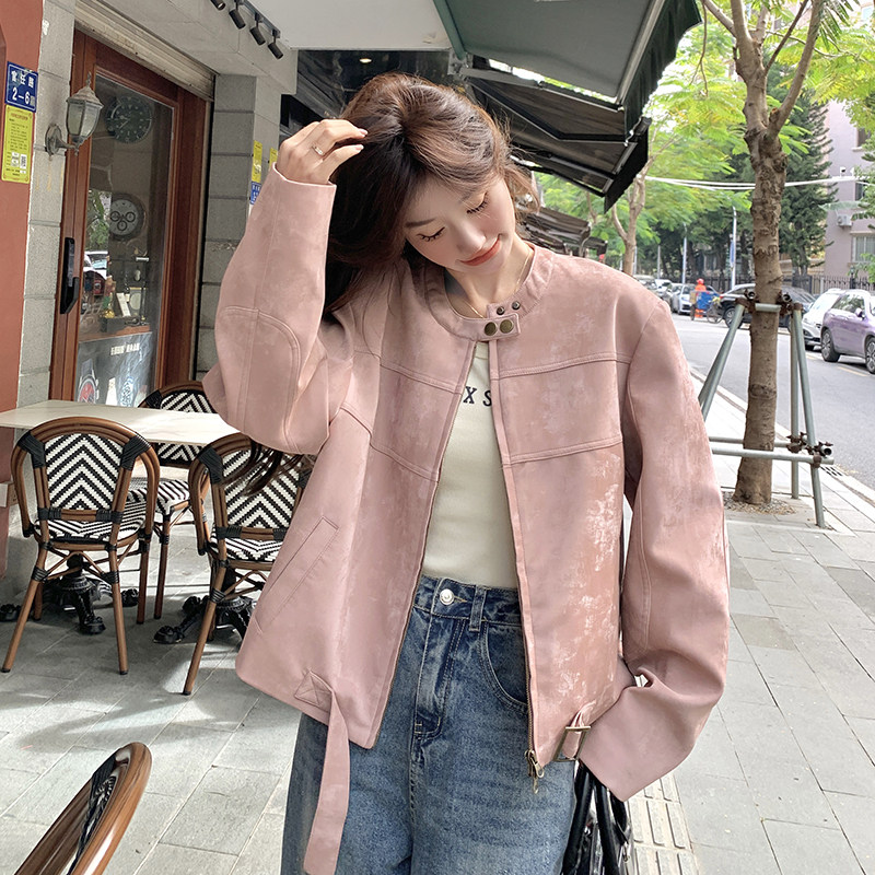 甜酷风粉色短款圆领PU皮衣外套女2025春季新款小个子减龄夹克上衣，商品下架区商品下架区，浙宝133