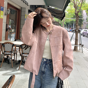 甜酷风粉色短款圆领PU皮衣外套女2025春季新款小个子减龄夹克上衣图片