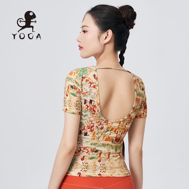 壁虎瑜伽外搭罩衫女大U美背短袖T恤水母纱瑜伽服上衣健身跑步透气