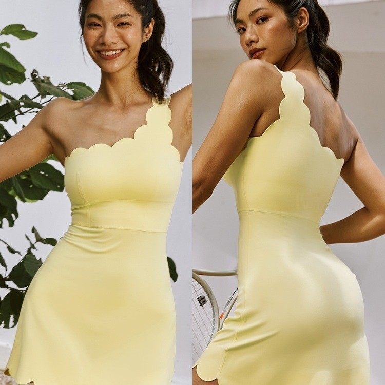 花边斜肩运动服女紧身瑜伽连体服带胸垫收腹健身高尔夫棒球网球裙,运动/瑜伽/健身/球迷用品,网球裙,淘宝优惠券,粉丝福利购,淘宝优惠卷