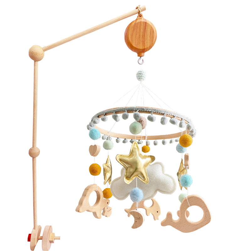 婴儿床铃0-12月新生儿安抚玩具榉木床铃支架悬挂旋转宝宝摇铃床头