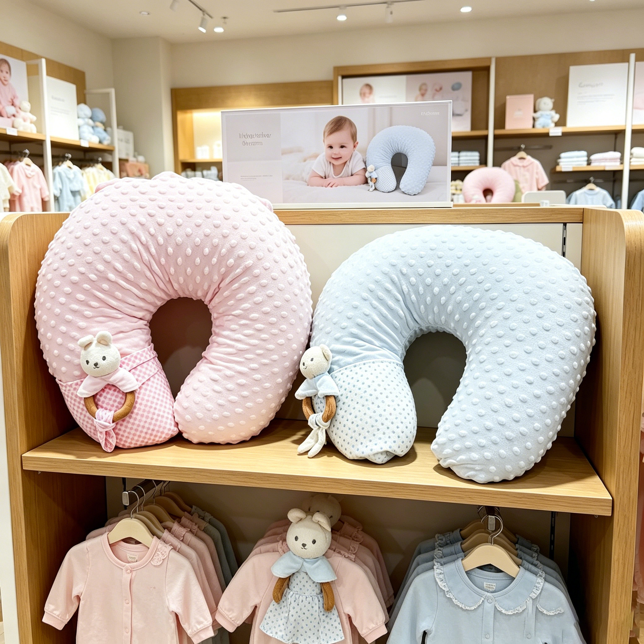 U型哺乳枕婴儿喂奶枕点纹面料+小熊手摇铃 2件套粉色蓝色可选