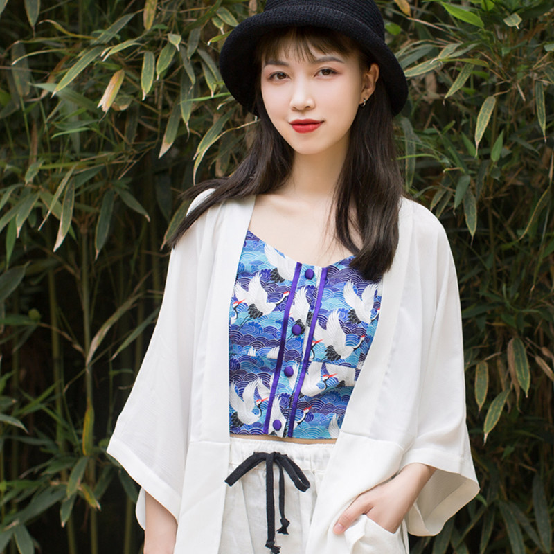 妖迹日系复古着日式和风vintage仙鹤印花打底背心吊带内搭女