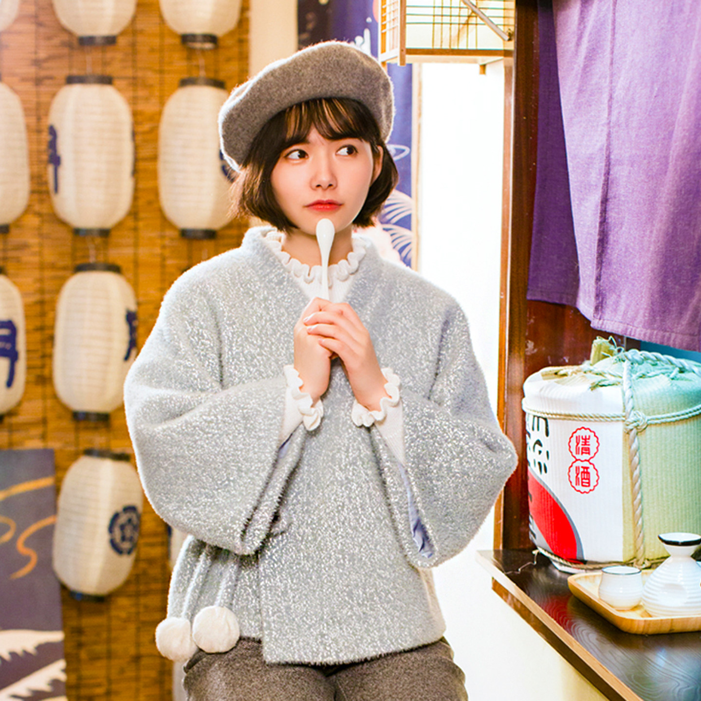 可爱萌古风汉元素交领宽松雪尼尔春秋外套短外套古典风毛呢外套女