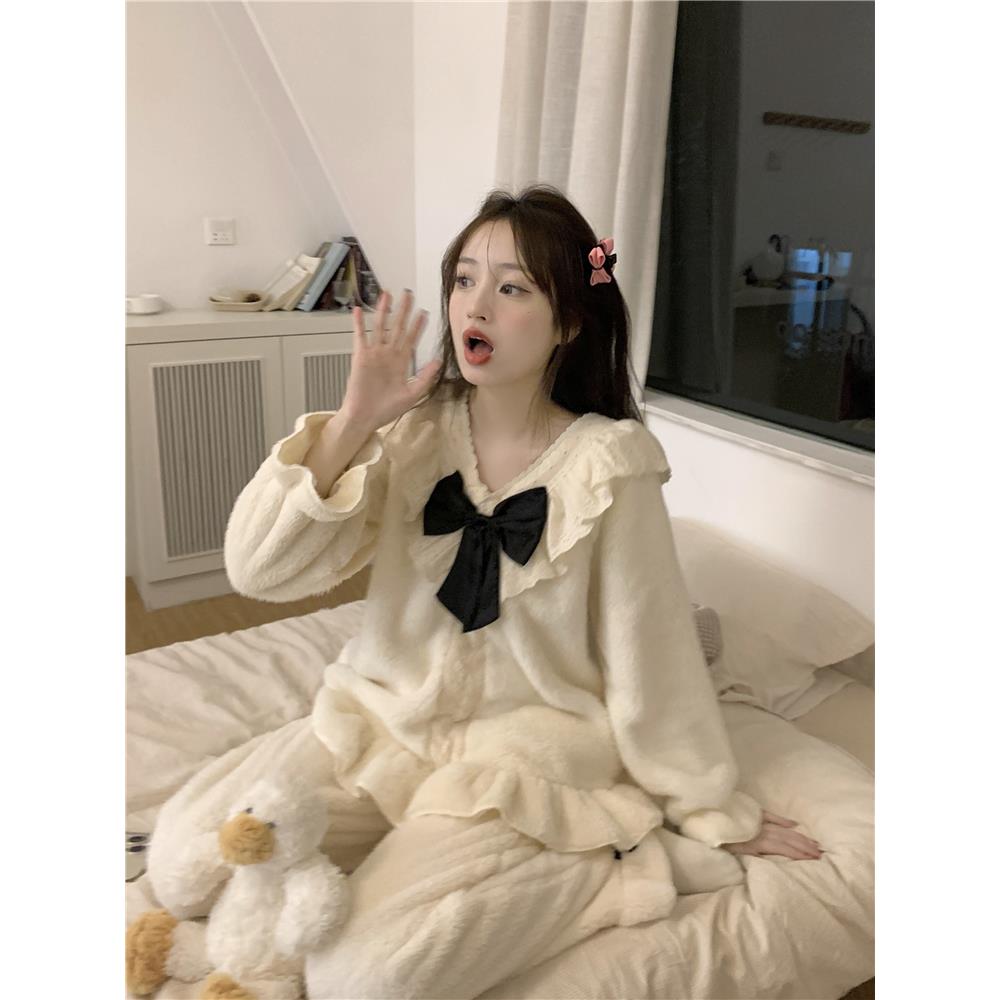 日系蕾丝花边法兰绒睡衣女秋冬新款加绒加厚保暖珊瑚绒家居服套装