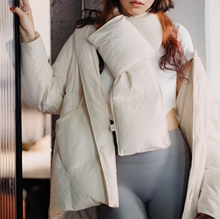 轻薄羽绒服反季 马登正品 工装 女士泡泡肌理可拆卸围巾款 清仓特价