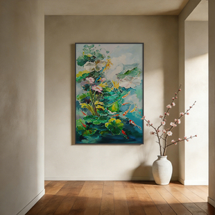 《鹭戏莲池》厚涂油画挂画吉祥如意茶室馆玄关入户走廊过道装饰画
