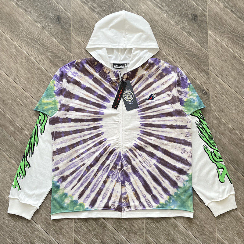 Hell embroidery Hoodie扎染刺绣拼接假两件连帽拉链卫衣外套帽衫