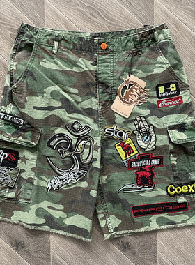 hell  Camo Cargo Shorts 嘻哈贴布刺绣休闲五分裤美潮短裤卫裤