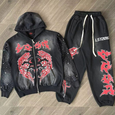 Lost intricacy洗水镶钻美潮街头休闲连帽拉链卫衣外套运动裤长裤