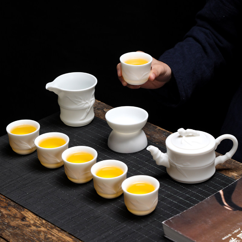 竹韵德化羊脂玉白瓷亚光素烧一壶六杯公道杯过滤整套茶具礼盒包邮