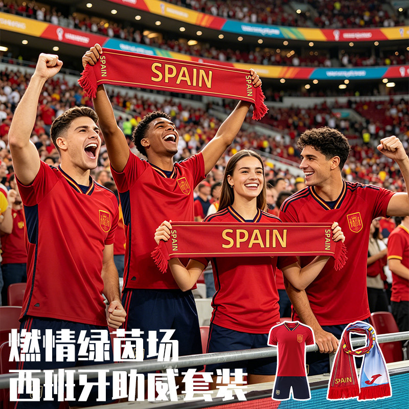 2026世界杯西班牙国家队主场足球服速干短袖T恤围巾球迷运动套装