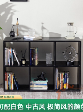 黑色高级感柜子进口橡木格子柜落地储物柜实木组合柜电视柜置物架