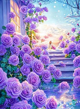 唯美梦幻紫色玫瑰花风景海报墙贴画老式风景装饰画竖版主卧自粘贴