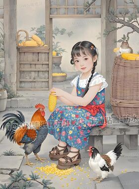 复古旧时光小孩喂鸡图海报墙贴画80年代儿时回忆装饰画防水自粘贴