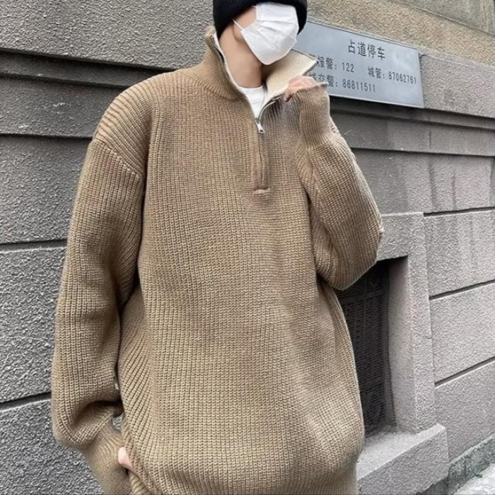 2025秋冬V领男纯色外套半高领拉链套头针织毛衣男m159-P50图片