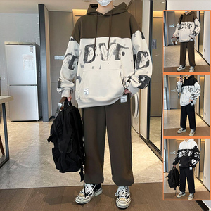 2025春秋拼色运动休闲潮流男百搭卫衣卫裤青年韩版套装两件套P100图片