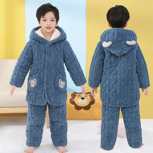 儿童睡衣冬季加厚长款连帽夹棉