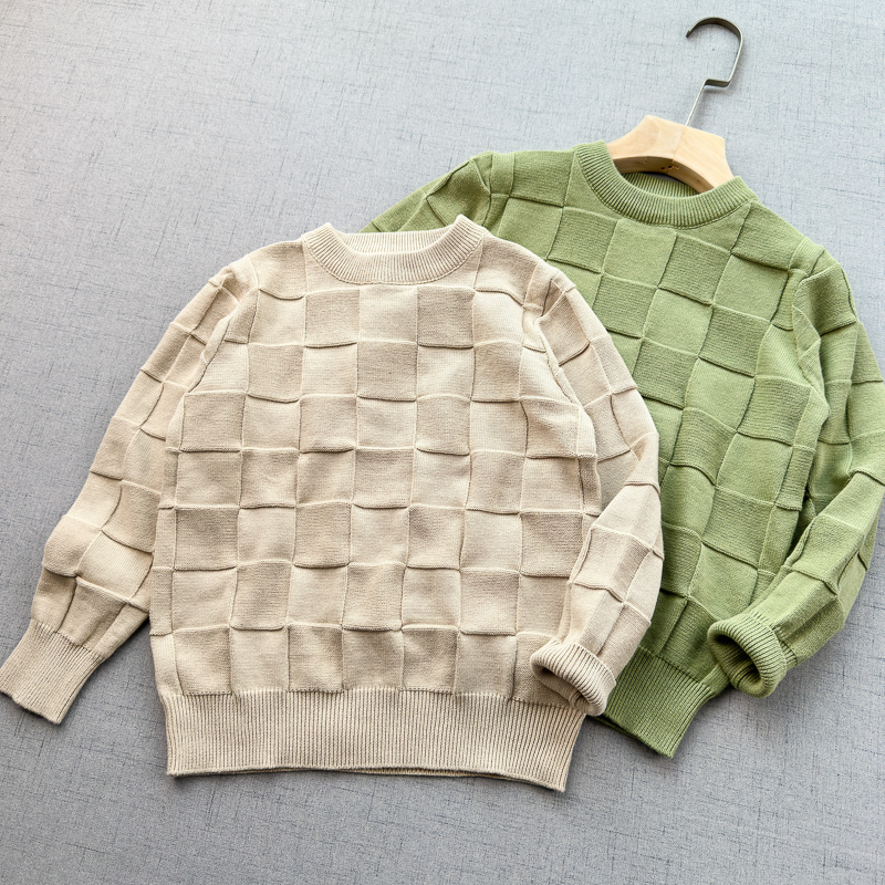 纯棉薄毛衣春秋儿童方格圆领