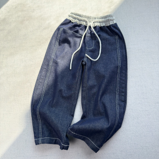 新品 儿童男童春秋休闲长裤 松紧腰抽绳宽松阔腿牛仔裤 环保印染