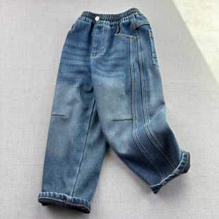 薄棉裤 水洗复古 儿童冬季 男童秋冬一体绒保暖裤 加绒牛仔裤