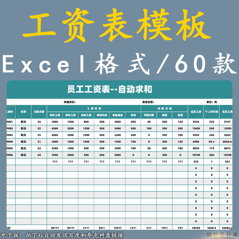 公司员工工资表模板excel电子版职工月份工资发放明细表格工资单