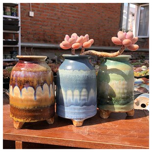 景德镇手工拉坯细高飘枝悬崖桩多肉小老桩收口多肉花盆复古细闪