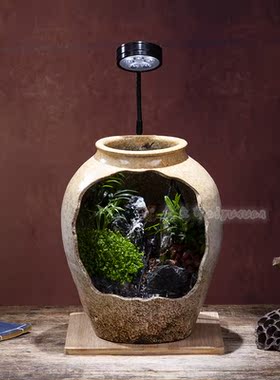 网红陶瓷罐水陆雨林缸景观LED竹板灯微景观雾化DIY加湿器礼品摆件
