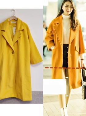清仓亏甩 秋冬品牌女装库存折扣黄色长款仿毛呢外套大衣 高个的买