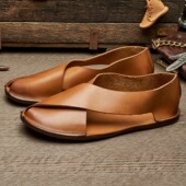 爸爸外穿拖鞋 软底皮质凉鞋 男拖皮鞋 复古手工真皮男鞋 罗马男鞋