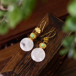 PIPISHOP 天然白幽灵大圆珠翡翠圆牌925银镀金如意荷叶耳环