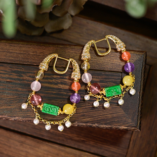 PIPISHOP 天然A货干青翡翠雕花方珠925银镀金多宝耳环