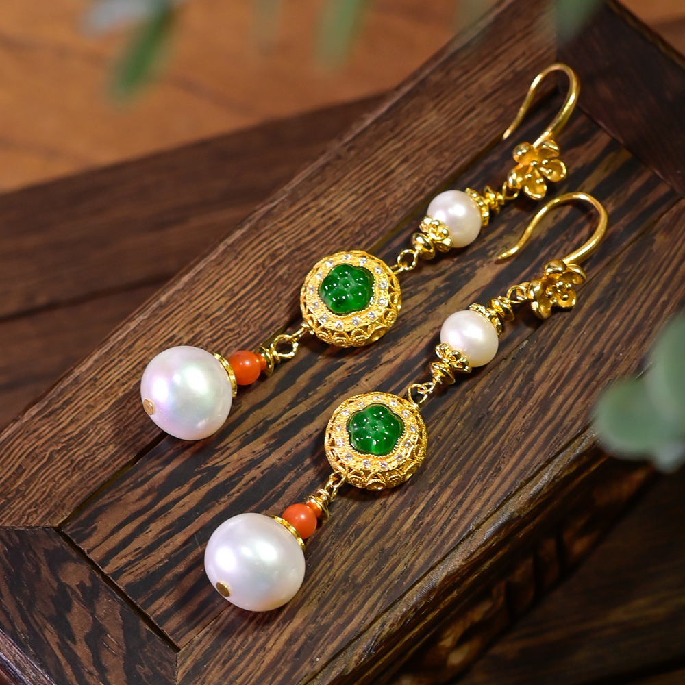 PIPISHOP 淡水珍珠天然翡翠小花925银镀金花朵耳钩手工长款耳环