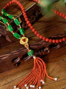 PIPISHOP 天然A货干青翡翠雕花方珠南红玛瑙流苏长项链毛衣链