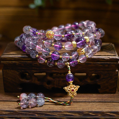 PIPISHOP 18K金蝴蝶天然超七圆珠吊坠可拆卸108项链手串两戴款