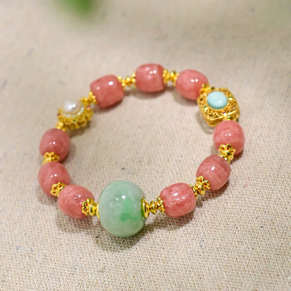 pipishop 天然a货翡翠鼓珠925银镀金红纹石路路通单圈手串