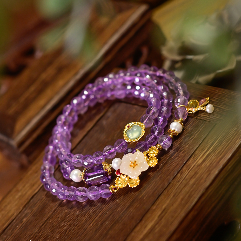 PIPISHOP 925银镀金和田白玉碧玺配饰切割面天然紫水晶三圈手串