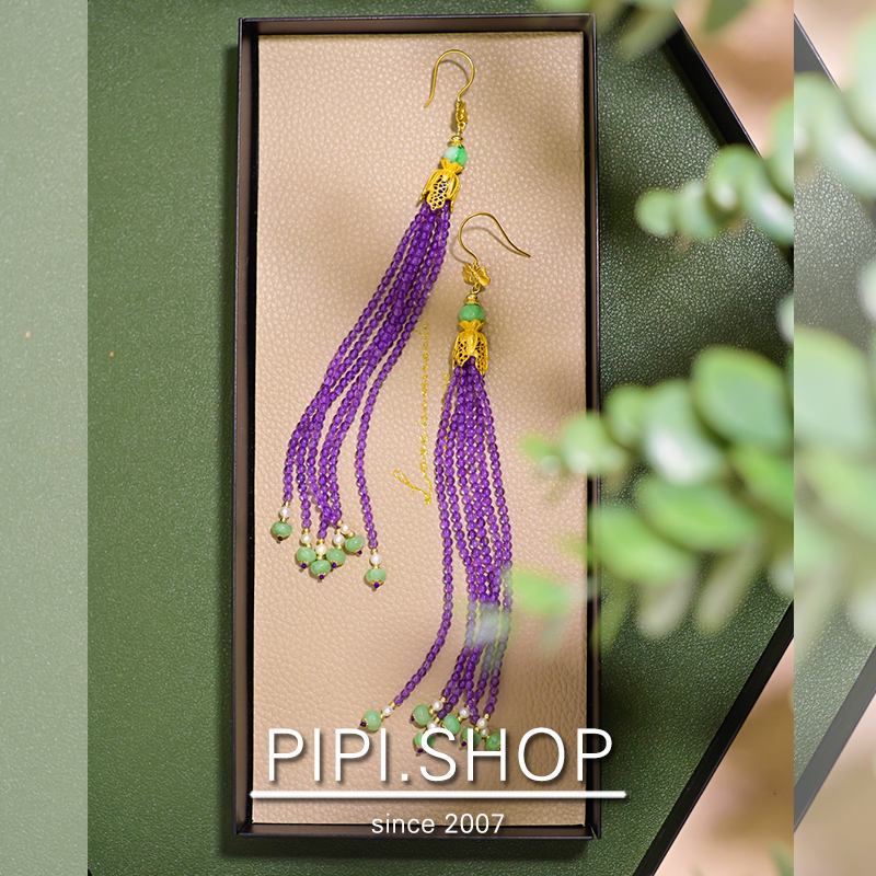 甜美流苏耳环紫水晶925银镀金
