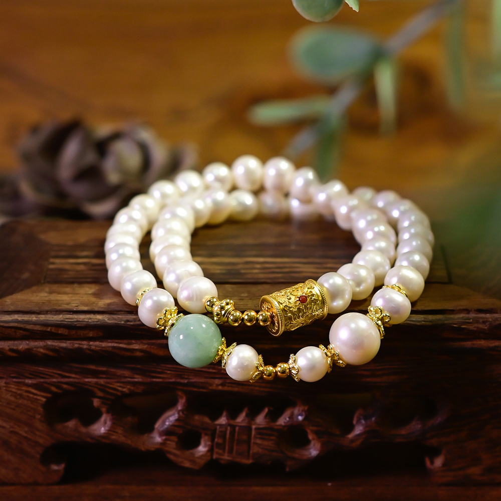 PIPISHOP 925银镀金天然A货翡翠圆珠淡水珍珠双圈手串