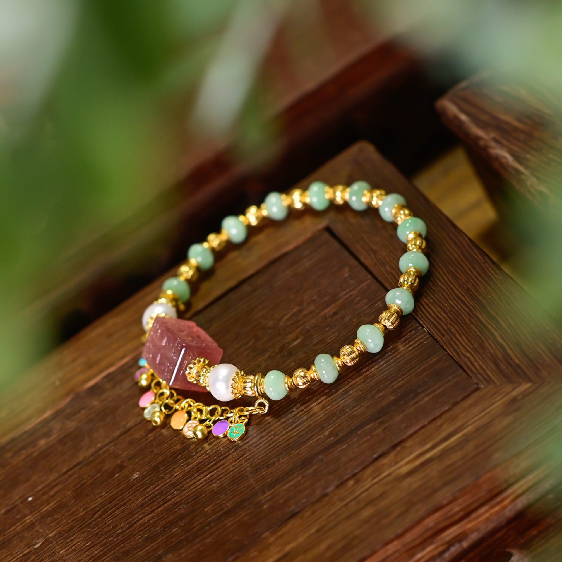 PIPISHOP 天然草莓晶雕刻方珠925银镀金A货翡翠算盘珠单圈手串