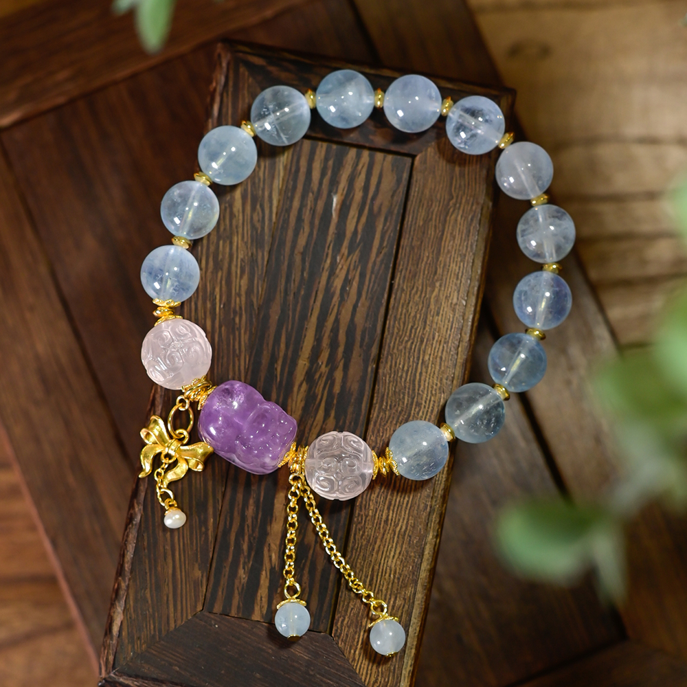 PIPISHOP 紫水晶招财貔貅925银镀金天然海蓝宝单圈手串