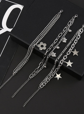 ins风甜酷五角星小花钛钢手链双层叠戴挂坠手饰小众情侣手链批发