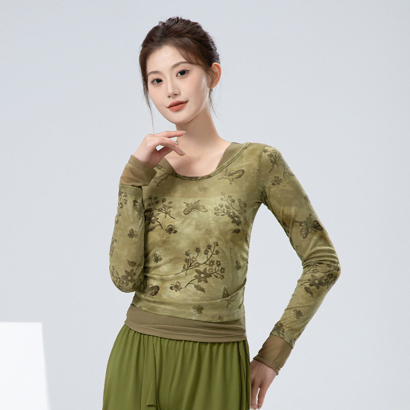 古典舞练功服女复古扎染网纱长袖打底衫不规则辣妹别致舞蹈服上衣