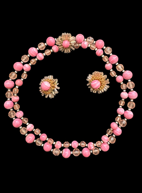 国内现货  Miriam Haskell 粉色云纹琉璃双层Choker 耳夹套装