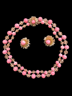 国内现货 Miriam Haskell 粉色云纹琉璃双层Choker 耳夹套装