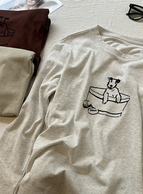 软糯磨毛小狗植绒印花圆领长袖T恤女秋季新款宽松显瘦休闲风上衣