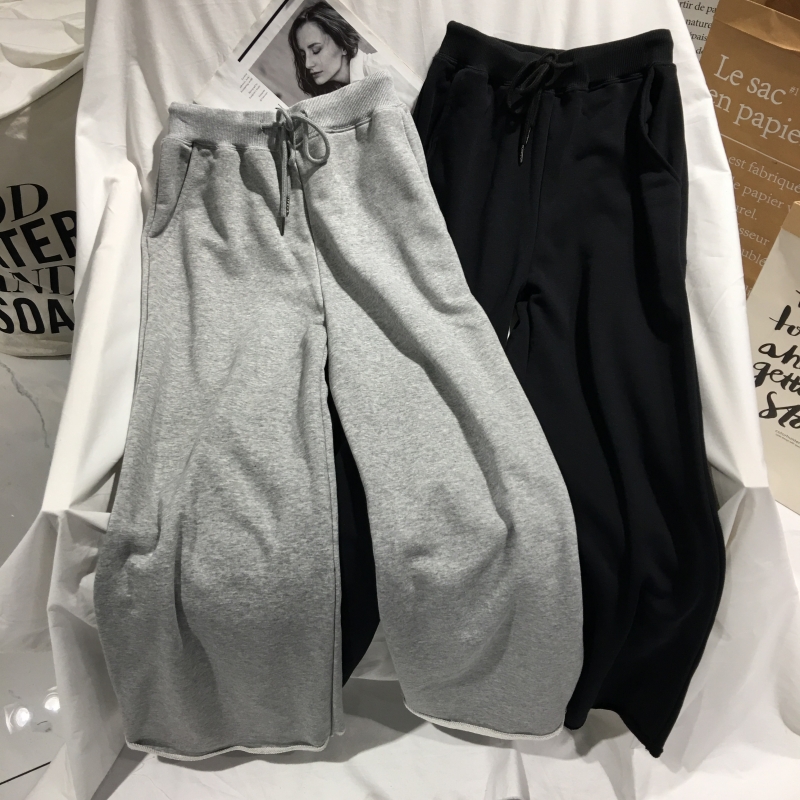 休闲裤灰色裤子高腰拖地阔腿直筒裤宽松显瘦女秋季松紧腰长裤学生