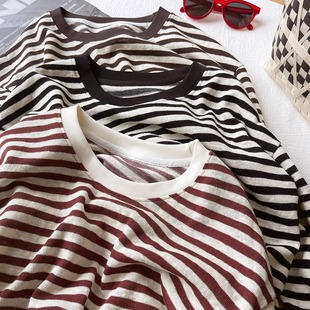 新款 T恤女2025秋季 仿棉麻宽松显瘦撞色百搭上衣 复古条纹长袖 经典