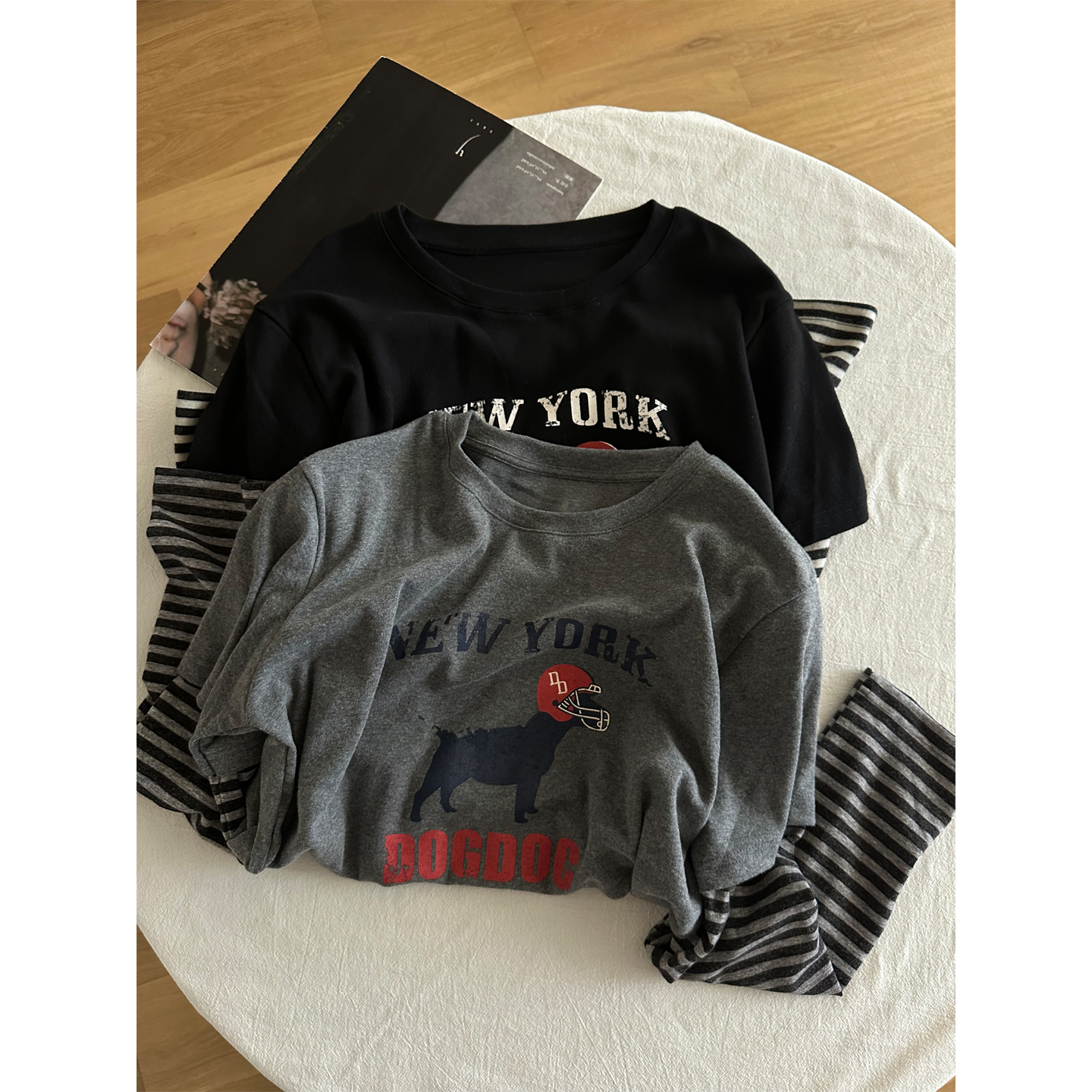 条纹长袖假两件拼接印花磨毛T恤