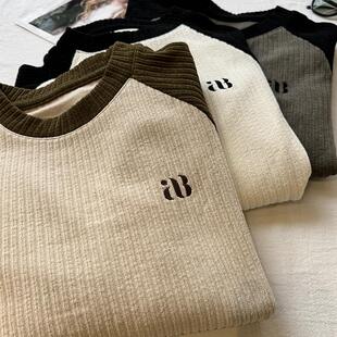休闲打底衫 欧棉绒刺绣字母长袖 T恤女秋冬加厚宽松显瘦撞色插肩袖